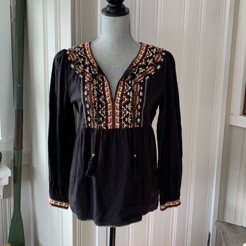 Faherty cotton linen long sleeve tunic top embroidered boho